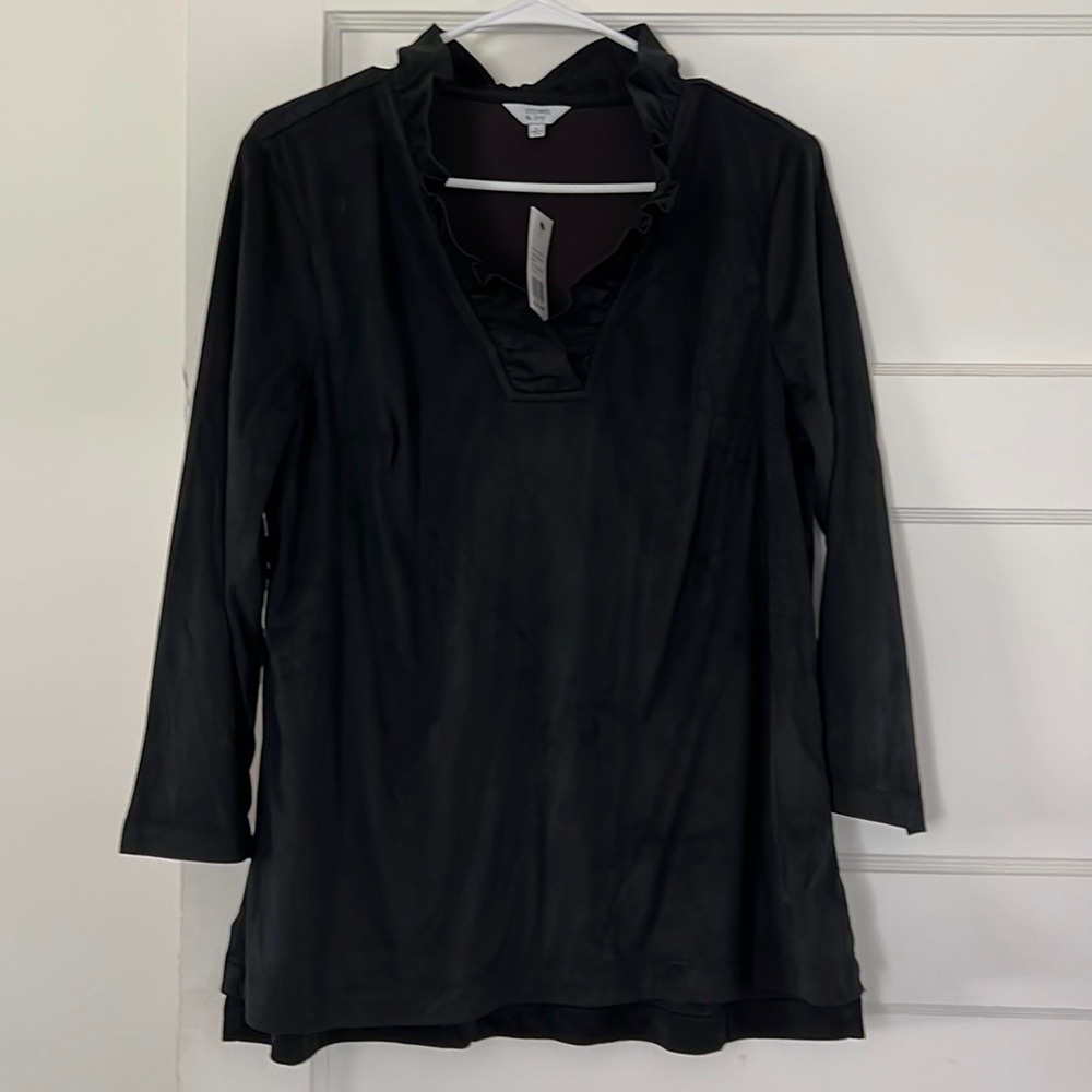 Crown & Ivy velvet feel black ruffle neck top new with tags size large